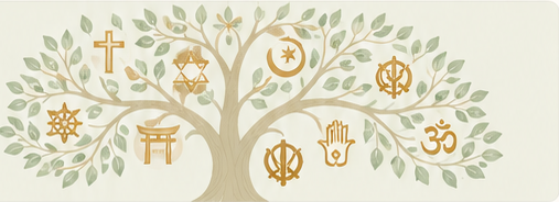 Levensboom met harmonieus geïntegreerde symbolen uit verschillende religieuze tradities